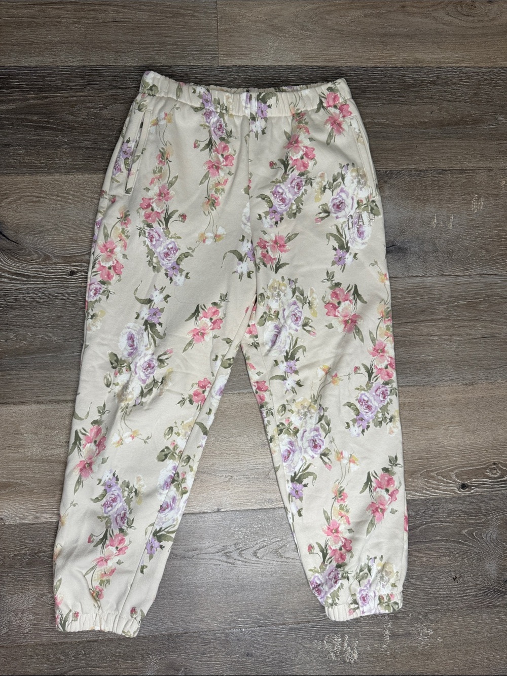 GAP X Love Shack Fancy Cream Joggers with Pink & Lavender Floral Print 0720